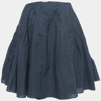 مملوكة مسبقًا Alaia Navy Blue Eyelet Cotton Flared Mini Skirt M