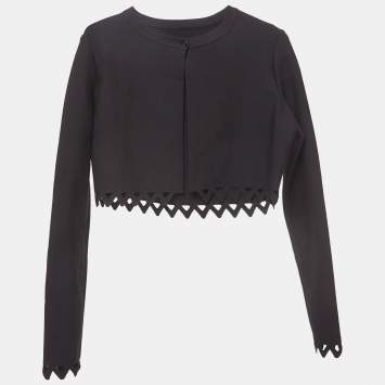 Pre Owned Alaia Black Knit Scallop Cut-Out Hem Cropped Cardigan L