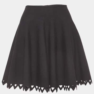Pre Owned Alaia Black Knit Scallop Cut-Out Hem Flared Mini Skirt M