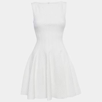 Pre Owned Alaia White Textured Knit Sleeveless Flared Mini Dress M