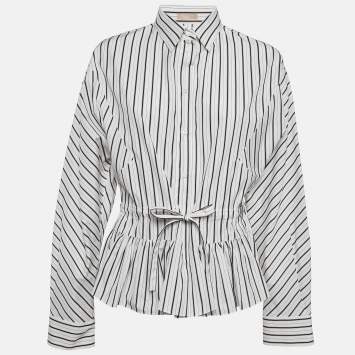 Pre Owned Alaia White/Black Pinstripe Cotton Cinched Waist Shirt L
