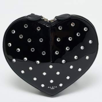 Pre Owned Alaia Black Patent Leather Le Coeur Crystals Crossbody bag