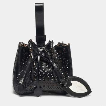 Pre Owned Alaia Black Laser Cut Leather Small Rose Marie Bucket Bag