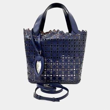 Pre Owned Alaia Navy Blue Leather Laser-Cut Tote and Shoulder Bag