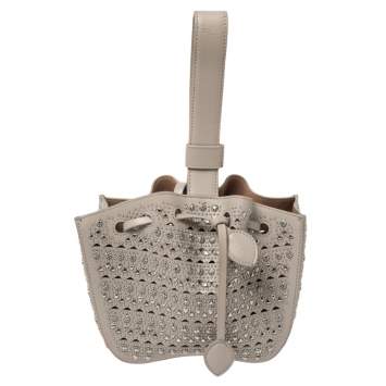 Pre Owned Alaia Grey Leather Rose Marie Embellished Laser Cut Bucket Bag            