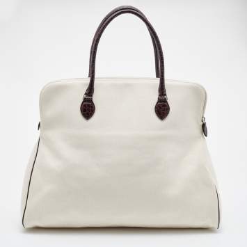 Pre Owned Alaia Off White/Brown Canvas and Croc Embossed Leather Satchel
