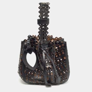 Pre Owned Alaia Black Laser Cut Leather Small Rose Marie Bucket Bag