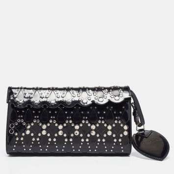 Pre Owned Alaia Black Patent Leather Studded Flap Clutch 