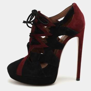 Pre Owned Alaia Burgundy/Black Suede Lace Up Booties Size 37
