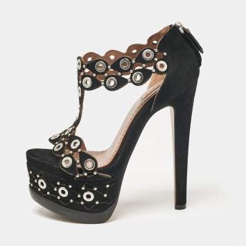 Pre Owned Alaia Black Suede Eyelet Studded Platform Sandals Size 36.5