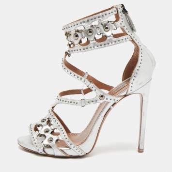Alaia Silver Leather Cut Out Studded Ankle Strap Sandals Size 38.5