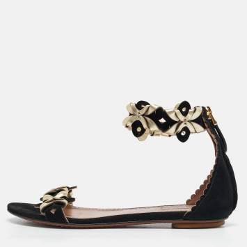 Alaia Black/Gold Leather and Suede Ankle Strap Flat Sandals Size 37