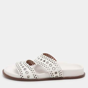 Alaia White Leather Grommet Flat Slides Size 36.5
