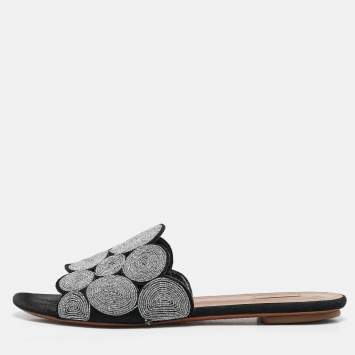Pre Owned Alaia Black/Silver Glitter and Suede Flat Slides Size 40