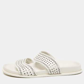 Pre Owned Alaia White Perforated Leather Flat Slides Size 40