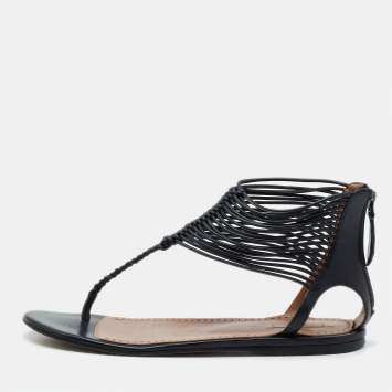 Alaia Black Leather T-Strap Flat Sandals Size 37.5