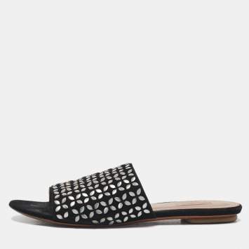 Alaia Black Suede Embellished Flat Slides Size 36.5