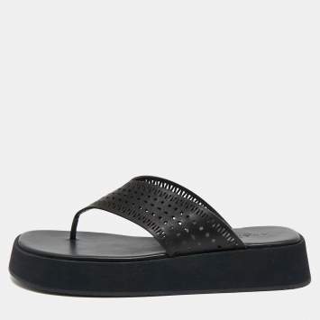 Alaia Black Leather Perforated Thong Flats Size 38