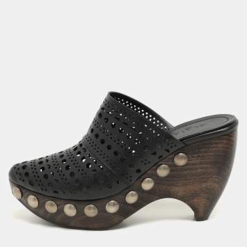 Alaia Black Leather Le Sabot Clogs Wedge Sandals Size 37