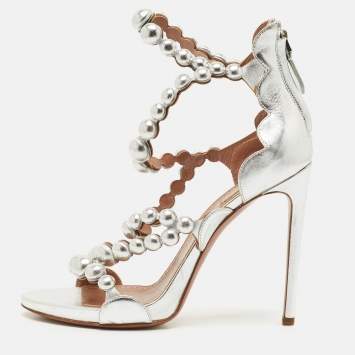 Pre Owned Alaia Silver Leather Bombe Strappy Sandals Size 39
