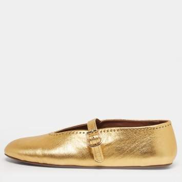 Pre Owned Alaia Gold Leather Crystal Embellished Mary Jane Ballet Flats Size 41