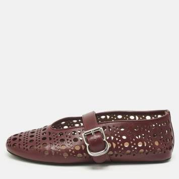 Pre Owned Alaia Burgundy Fishnet Laser Cut Leather Ballet Flats Size 37.5