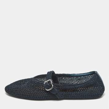 Pre Owned حذاء باليرينا فلات علايا ماري جين جلد وشبكة أزرق كحلي/ أسود مقاس 42