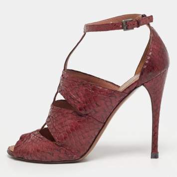 Pre Owned Alaia Size 38 Burgundy Python Leather Gladiator Sandals