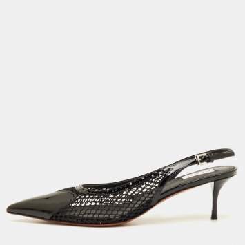 Pre Owned Alaia Size 40 Black Mesh and Patent Leather Pointed Toe Slingback Pumps