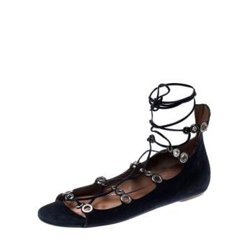 Pre Owned Alaia Blue Suede Eyelet Detail Tie Up Flat Sandals Size 41