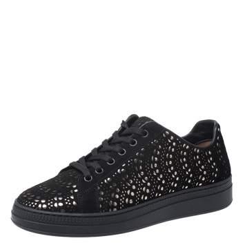 Pre Owned Alaia Black/Silver Laser Cut Suede Low Top Sneakers Size 38