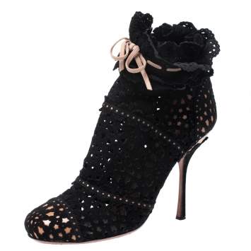 Pre Owned Alaia Black Laser Cut Suede Peep-Toe Ankle Bow Booties Size 40