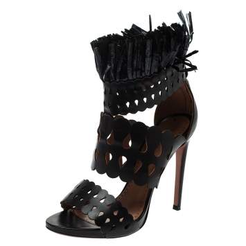 Pre Owned Alaia Black Leather and Straw Cut Out Fringes Sandals Size 38