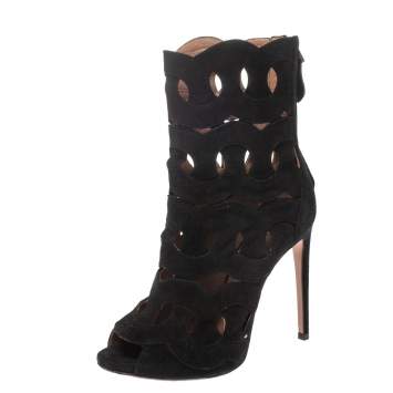 Pre Owned Alaia Black Suede Lazer Cut Ankle Booties Size 38.5