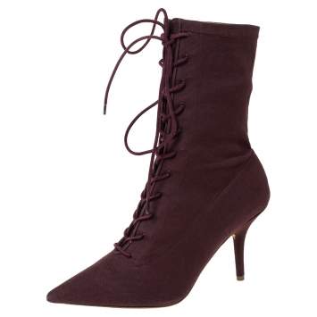Pre Owned Yeezy Season 5 Burgundy Stretch Canvas Lace Up Pointed Toe Boots Size 39.5