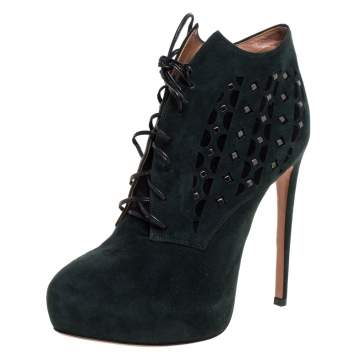 Pre Owned Alaia Two Tone Laser Cut Suede Platform Lace Up Booties Size 38.5