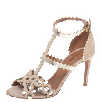Pre Owned Alaia Beige Suede Laser Cut Ankle Strap Sandals Size 36
