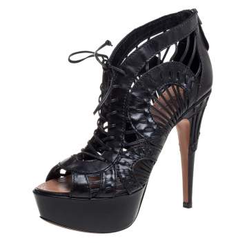 Pre Owned Alaia Black Leather Woven Lace Up Platform Sandals Size 38.5