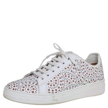 Pre Owned Alaia White Laser Cut Leather Lace Up Sneakers Size 40
