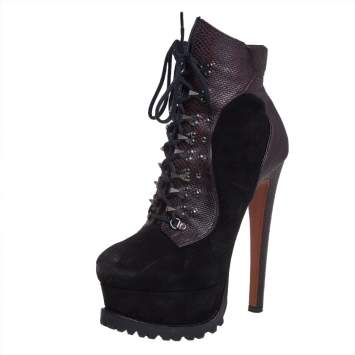 Pre Owned Alaia Black/Brown Suede And Leather Platform Lace Up Ankle Booties Size 36