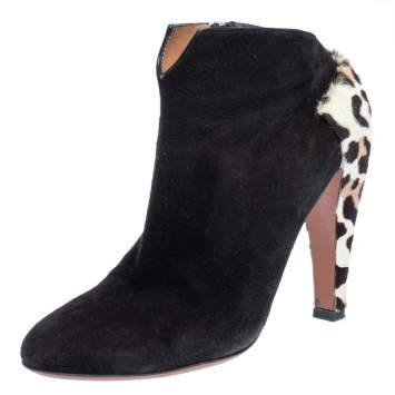 Pre Owned Alaia Black Suede And Leopard Print Calf Hair Booties Size 37