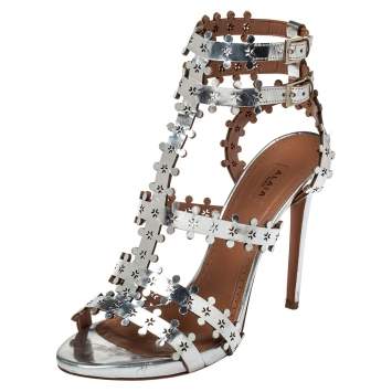 Pre Owned Alaia Silver Patent Leather Caged Sandals Size 41