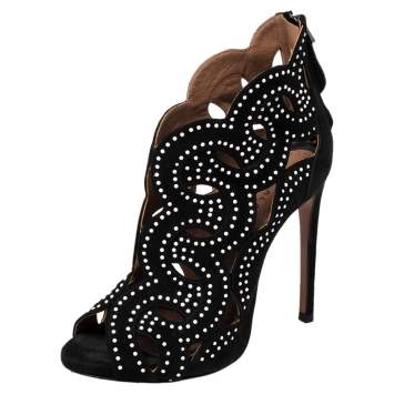 Pre Owned Alaia Black Suede Embellished Cutout Sandals Size 35