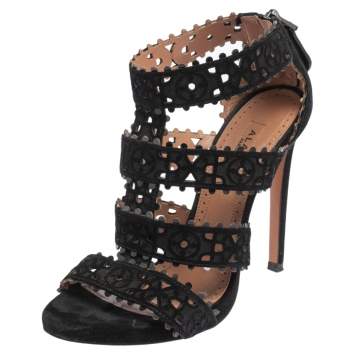 Pre Owned Alaia Black Laser Cut Suede Open Toe Caged Sandals Size 35