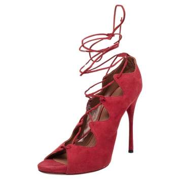 Pre Owned Alaia Red Suede Cut Out Peep Toe Ankle Wrap Sandals Size 39