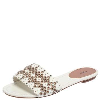 Pre Owned Alaia Off White Leather  Braided Eyelet Sandals Size 38