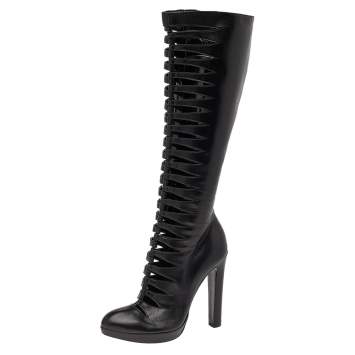 Pre Owned Alaia Black Leather Cutout Knee Length Boots Size 37
