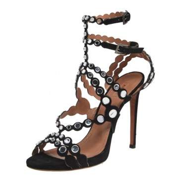 Pre Owned Alaia Black Mirror Embellished Suede Strappy Sandals Size 41