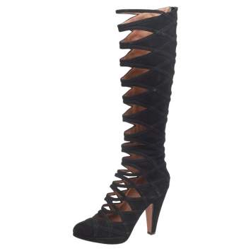 Pre Owned Alaia Black Suede Gladiators Knee Length Boots Size 37