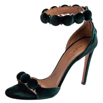 Pre Owned Alaia Green Velvet Bombe Ankle Strap Sandals Size 40